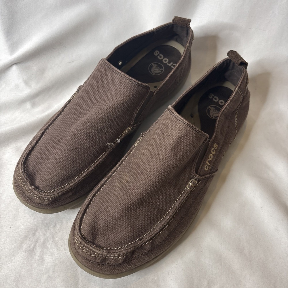 Crocs Walu Slip On Men 12 Canvas Brown Loafer Comfort Casual Shoes Beach Coastal - Picture 2 of 9